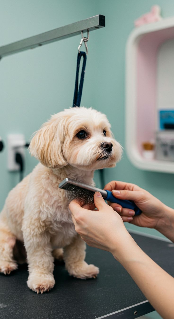 Foto ilustrativa de um cão pequeno com o pelo sendo escovado durante o cuidado.